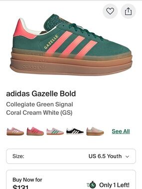 adidas Gazelle Bold Kids Sneakers - Collegiate Green & Coral 6.5Y